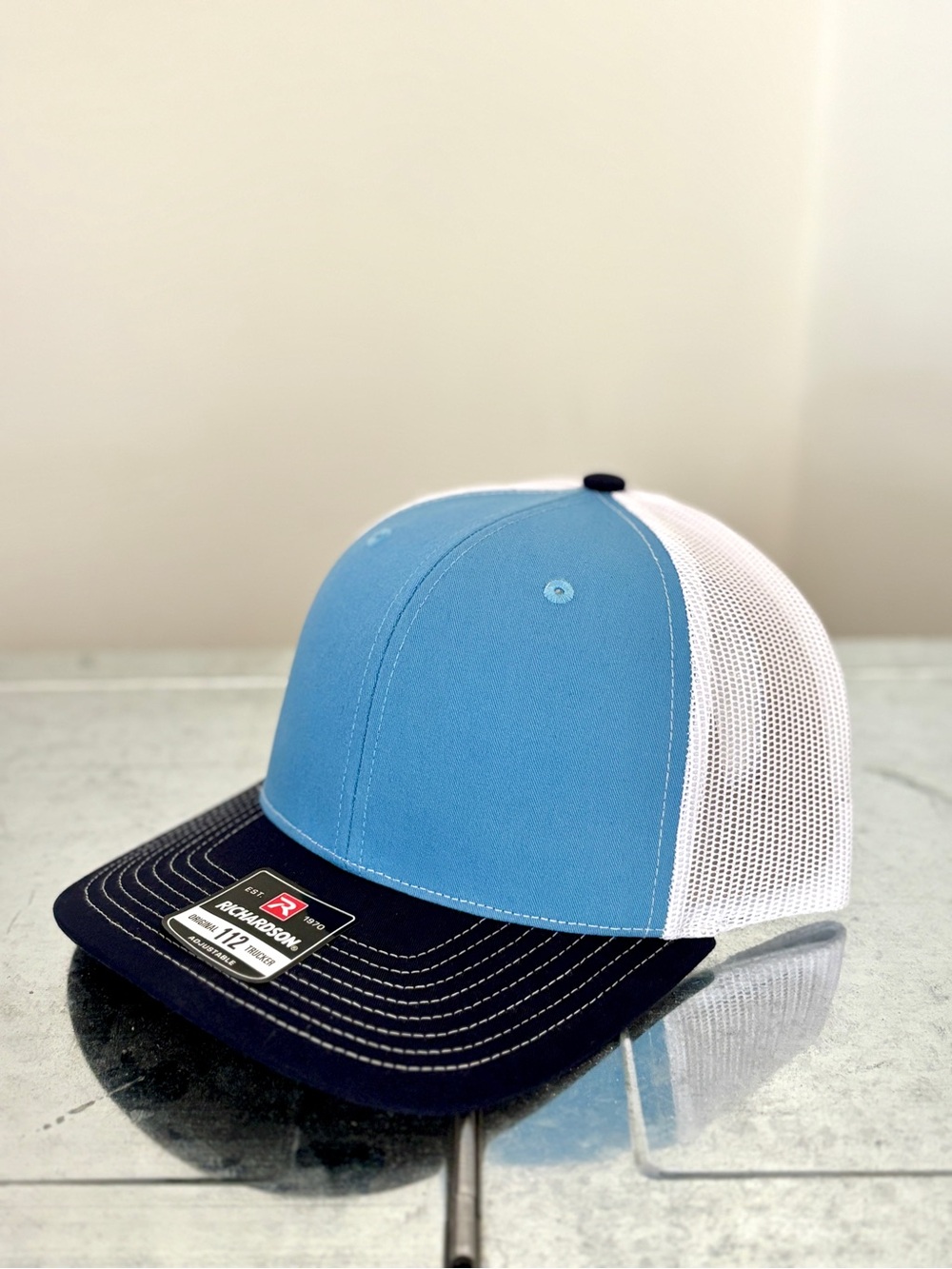 Richardson 112 Blank Trucker Hat Snapback Mesh Cap - Columbia Blue/Navy/White